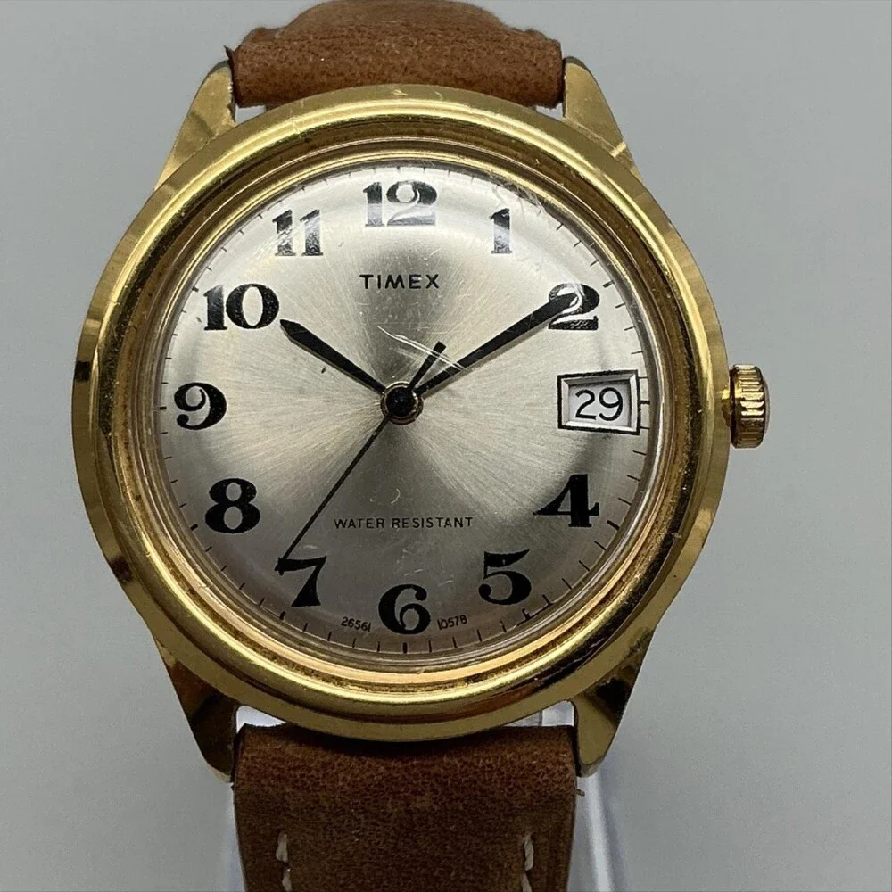 Vintage Timex Marlin Mens Watch 37mm Gold Tone Leather Date Manual Wind